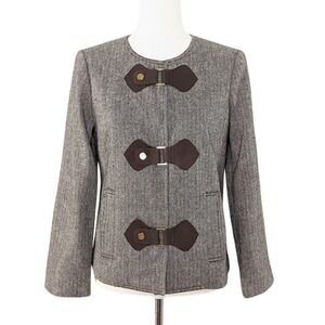 Tory Burch Wool Herringbone Jacket Size‎ 6 Brown Leather Snap Equestrian Luxury